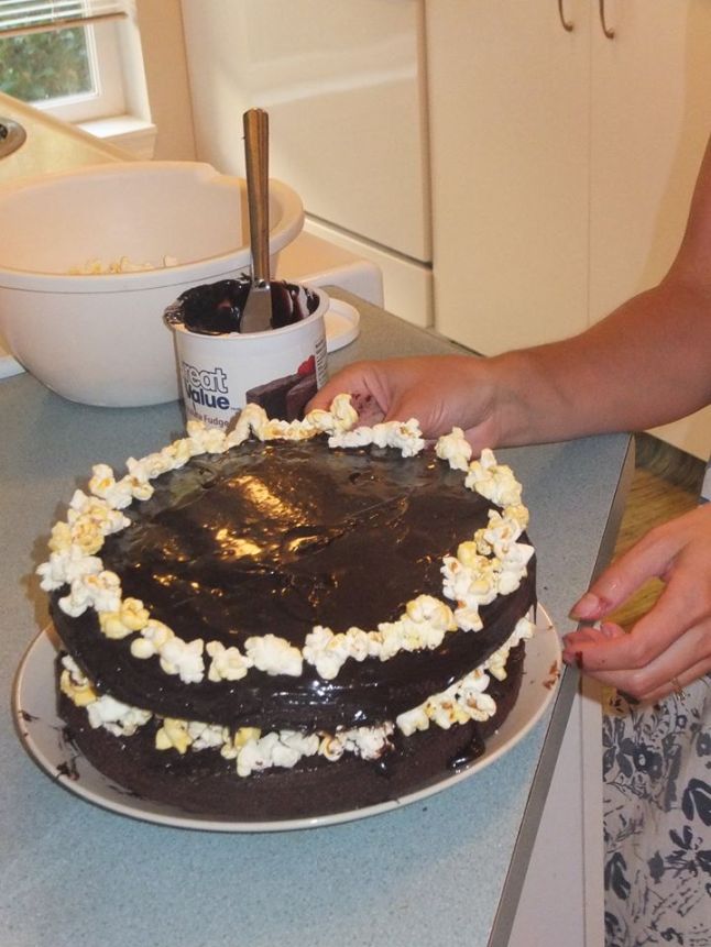 My own creation: A popcorn-chocolate layer cake! 